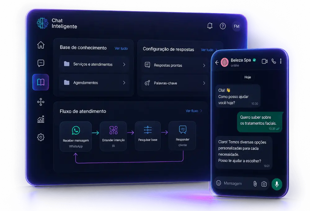 Chat Inteligente com base de conhecimento, configuração de respostas, fluxos de atendimento e WhatsApp