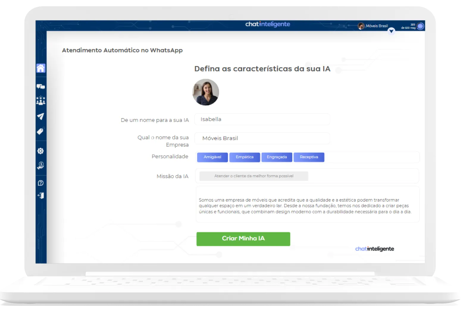 Painel web do Chat Inteligente exibido em notebook